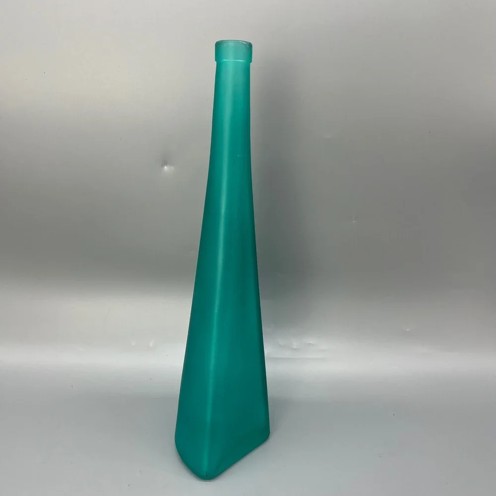 Vintage Asymmetrical Tall Bottle‎ Pressed Glass Frosted Teal Numbered Stamped